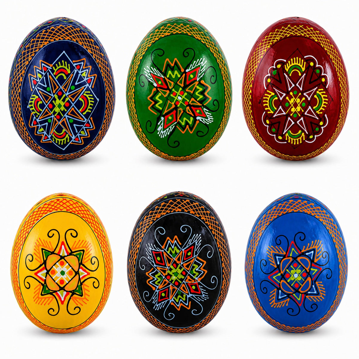 Set of 6 Multicolor Ukrainian Pysanky Wooden Easter Eggs 2.5 Inches