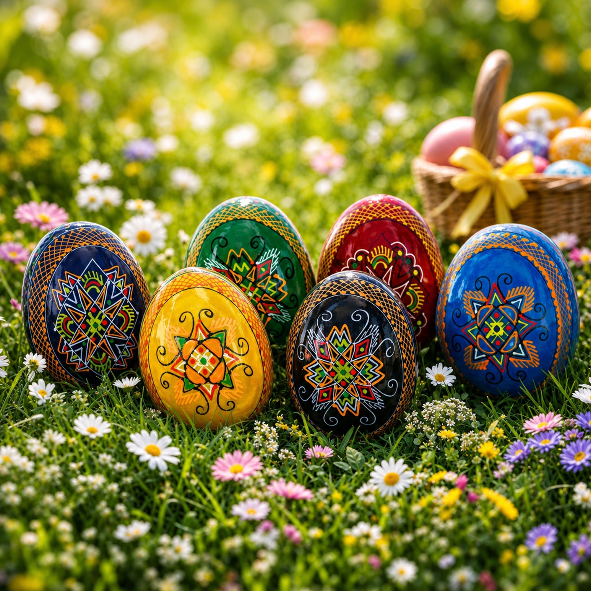 Set of 6 Multicolor Ukrainian Pysanky Wooden Easter Eggs 2.5 Inches