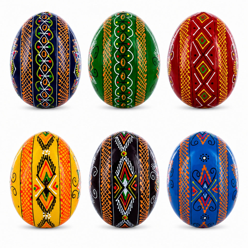 Set of 6 Multicolor Ukrainian Pysanky Wooden Easter Eggs 2.5 Inches