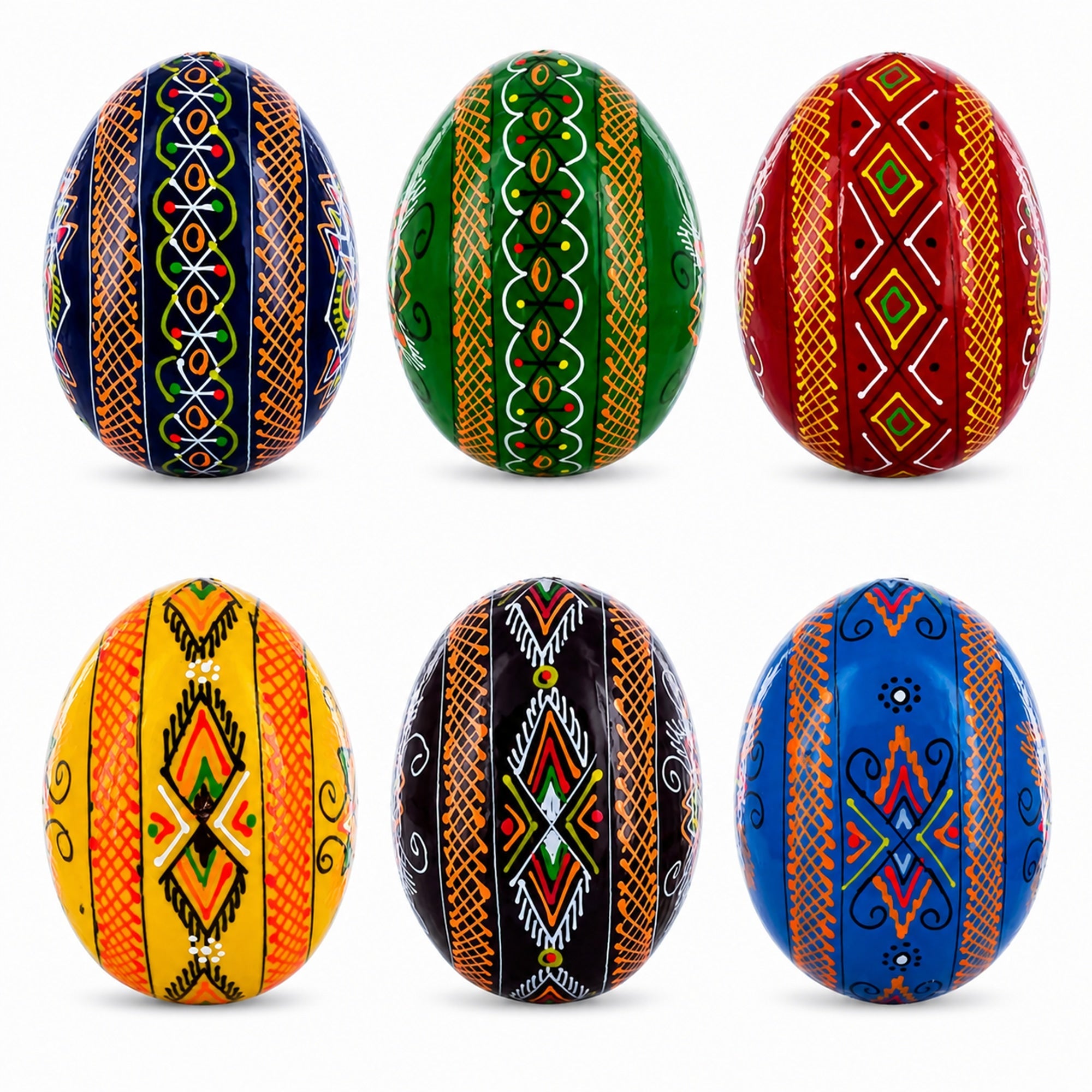 Set of 6 Multicolor Ukrainian Pysanky Wooden Easter Eggs 2.5 Inches