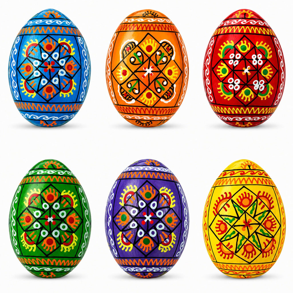 Set of 6 Pearlized Ukrainian Pysanky Wooden Easter Eggs 2.5 Inches