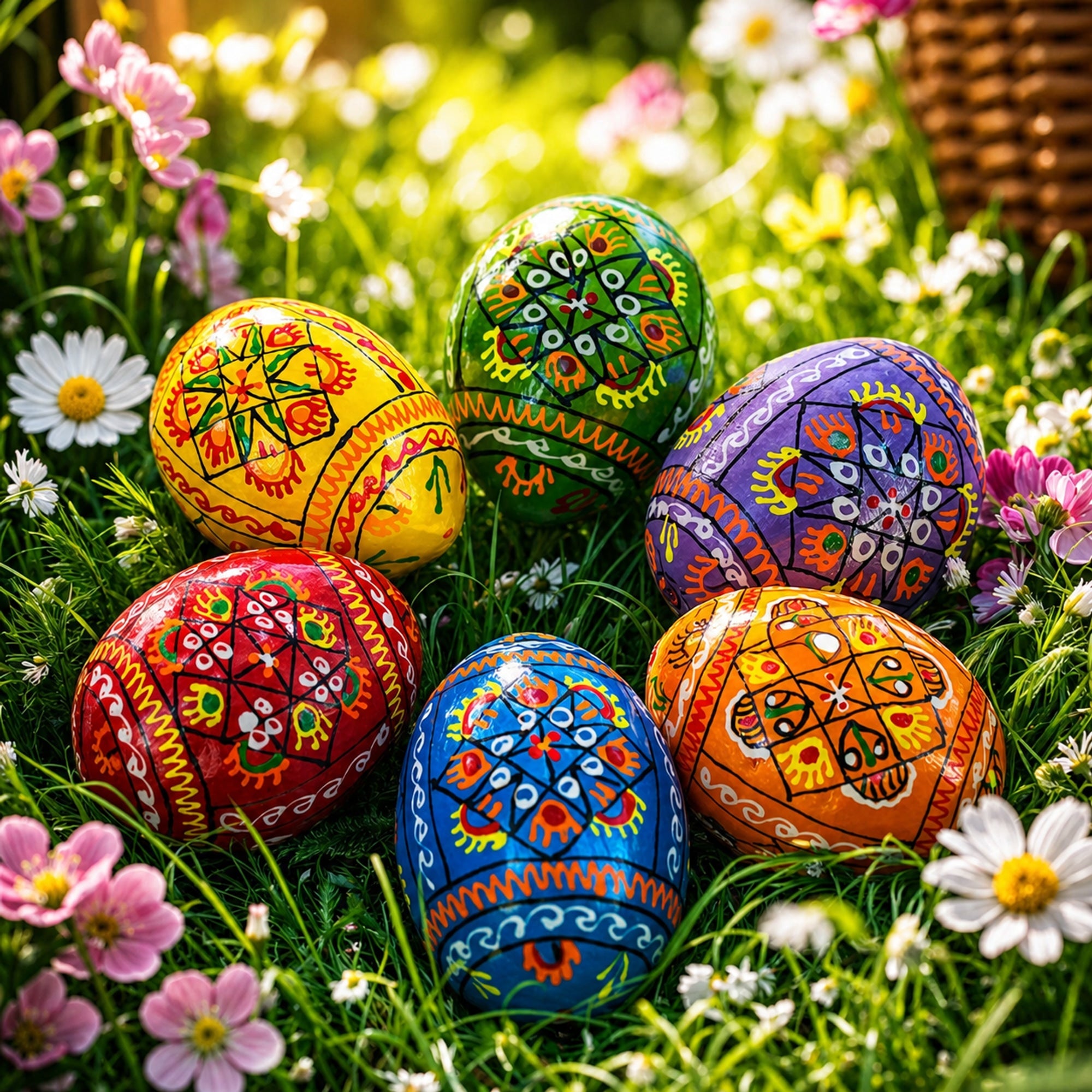 Set of 6 Pearlized Ukrainian Pysanky Wooden Easter Eggs 2.5 Inches