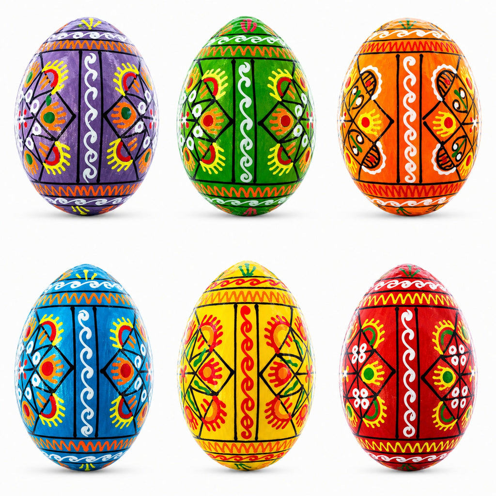 Set of 6 Pearlized Ukrainian Pysanky Wooden Easter Eggs 2.5 Inches