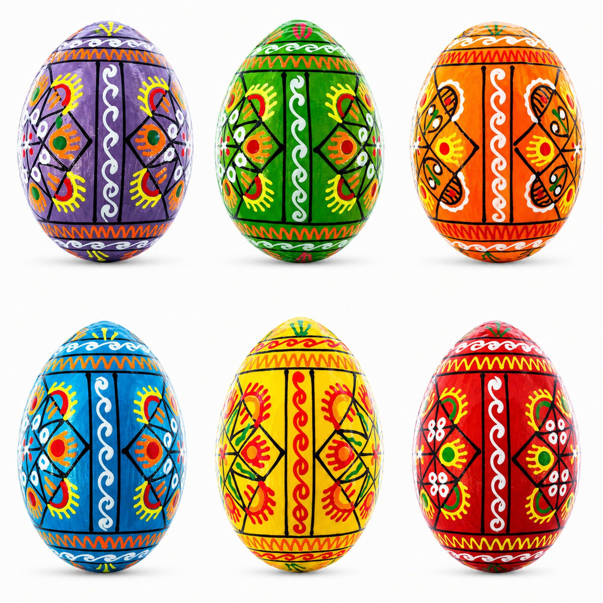 Set of 6 Pearlized Ukrainian Pysanky Wooden Easter Eggs 2.5 Inches