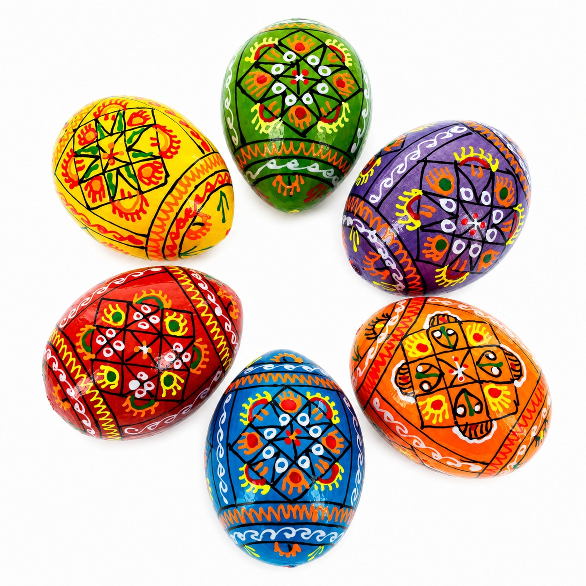 Set of 6 Pearlized Ukrainian Pysanky Wooden Easter Eggs 2.5 Inches