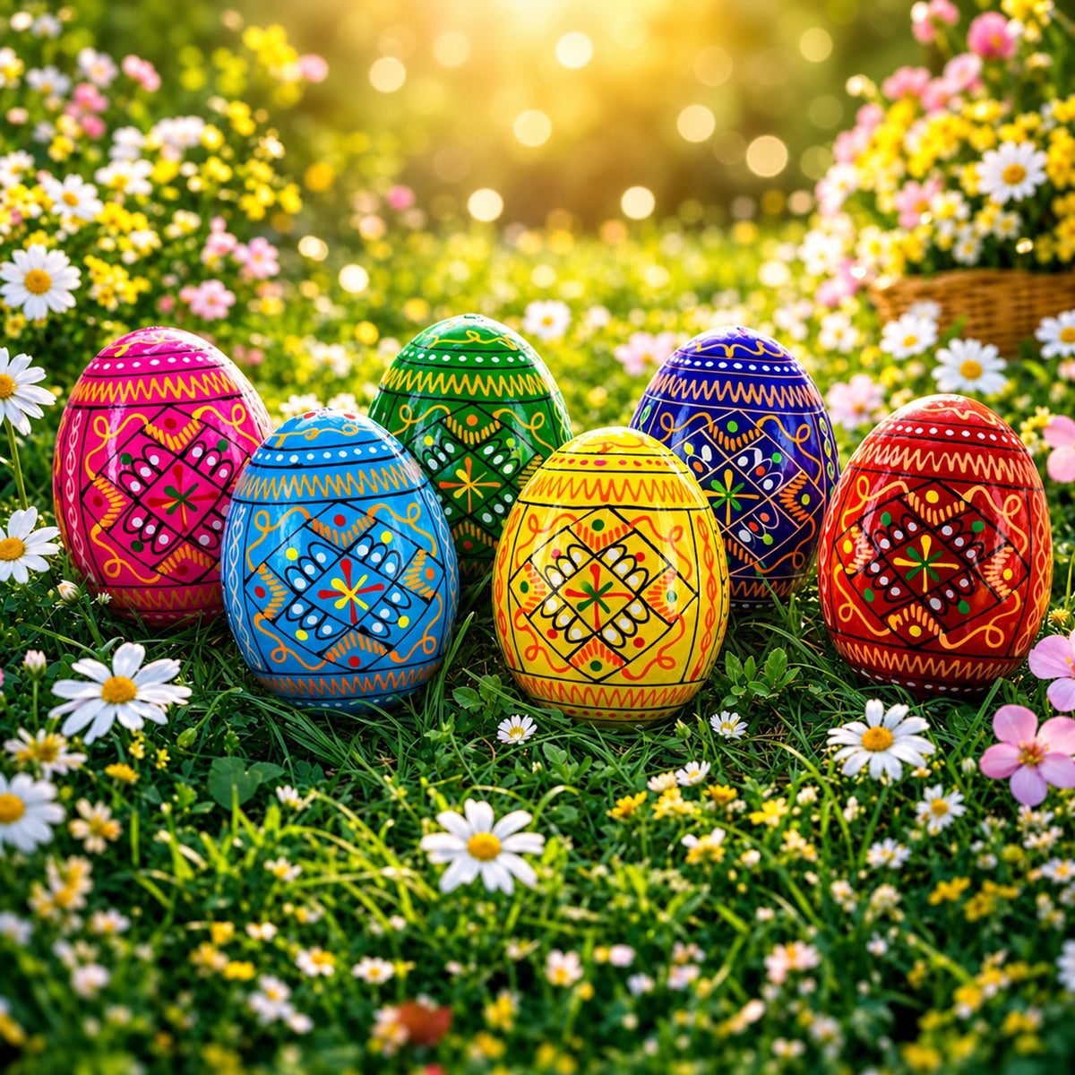 Set of 6 Ukrainian Geometric Wooden Easter Eggs 2.5 Inches