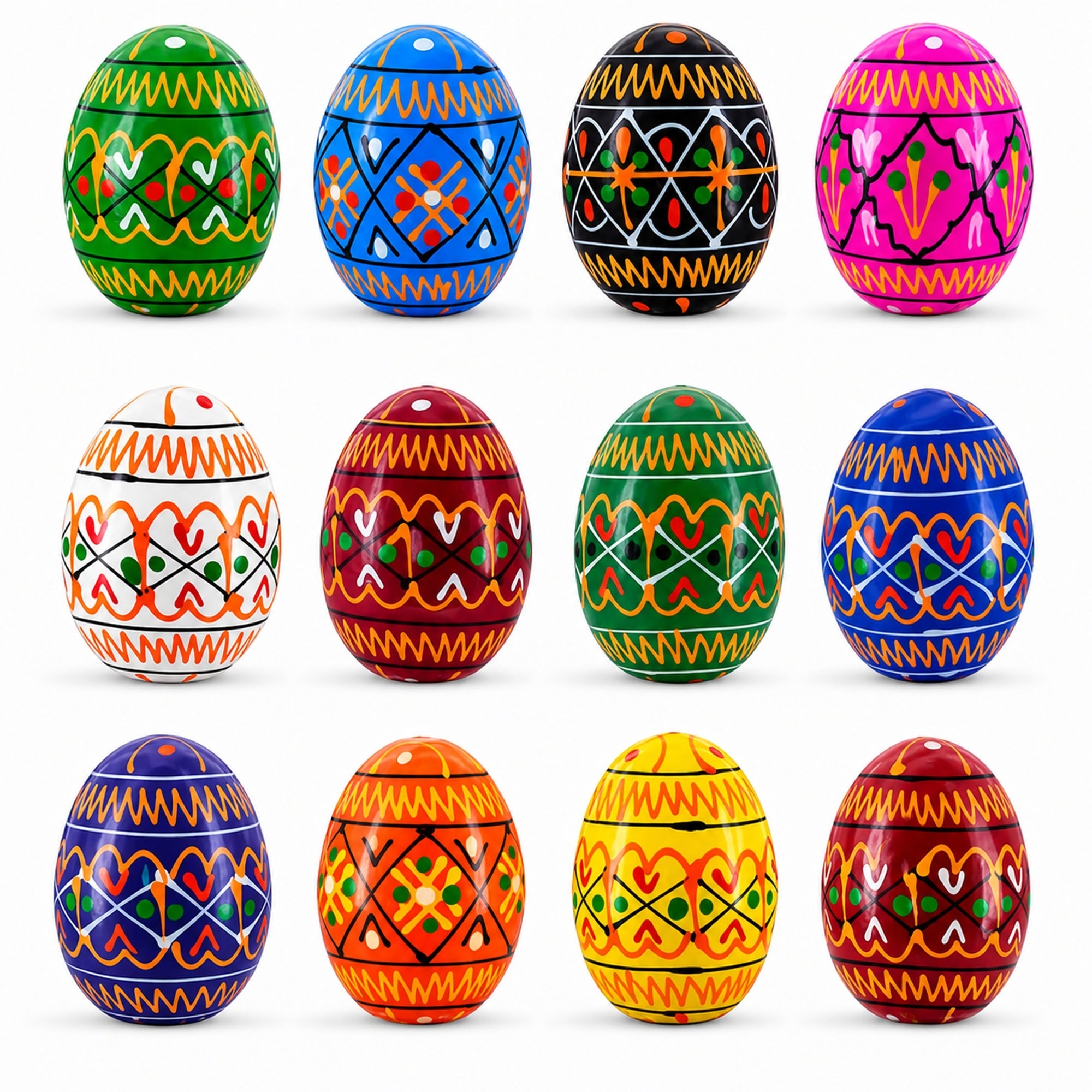 Set of 12 Mini Geometric Ukrainian Pysanky Wooden Easter Eggs 1.6 Inches