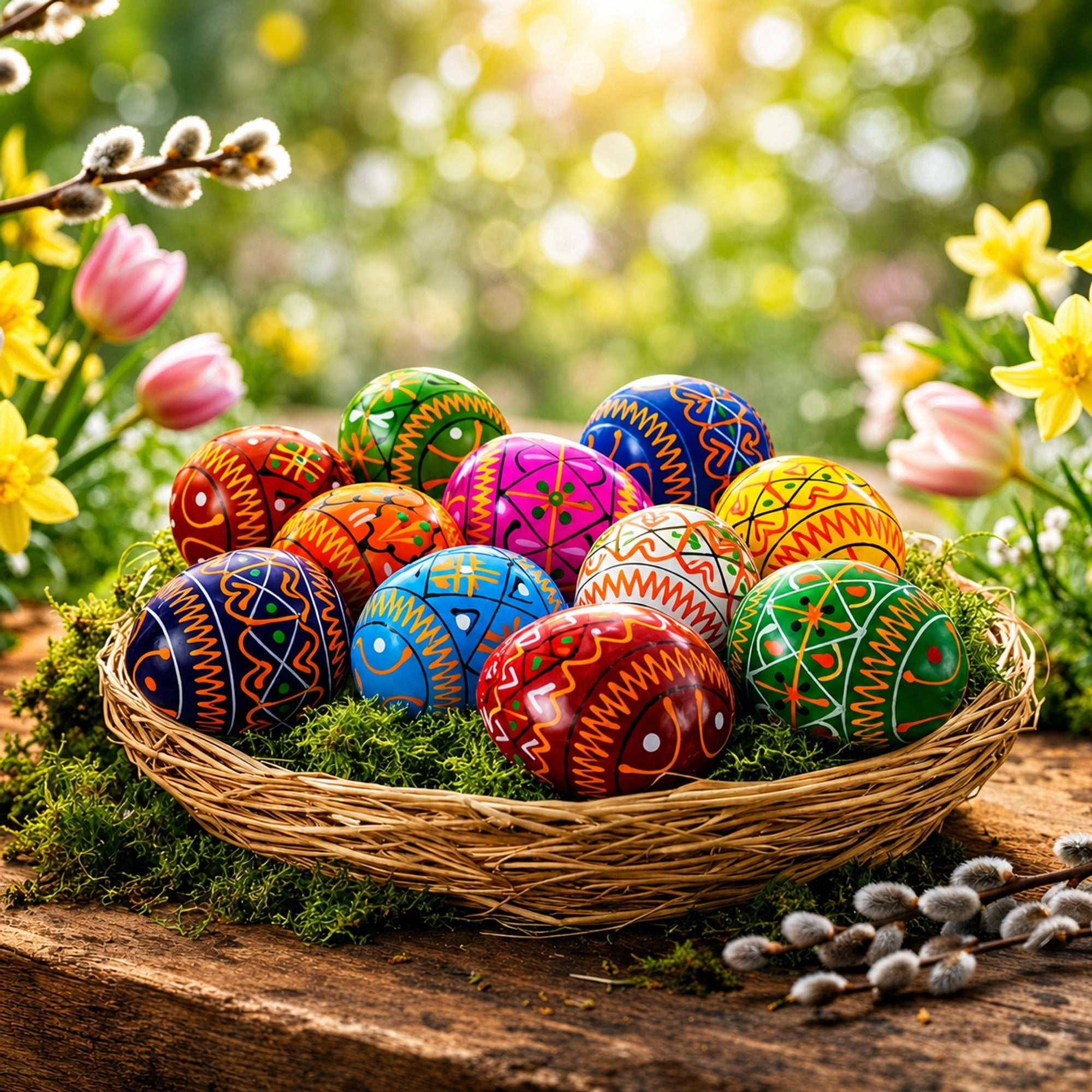 Set of 12 Mini Geometric Ukrainian Pysanky Wooden Easter Eggs 1.6 Inches