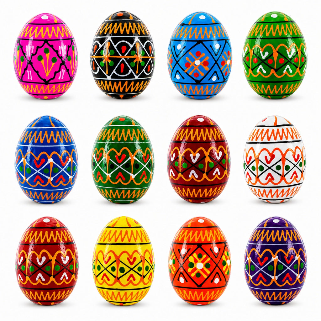 Set of 12 Mini Geometric Ukrainian Pysanky Wooden Easter Eggs 1.6 Inches