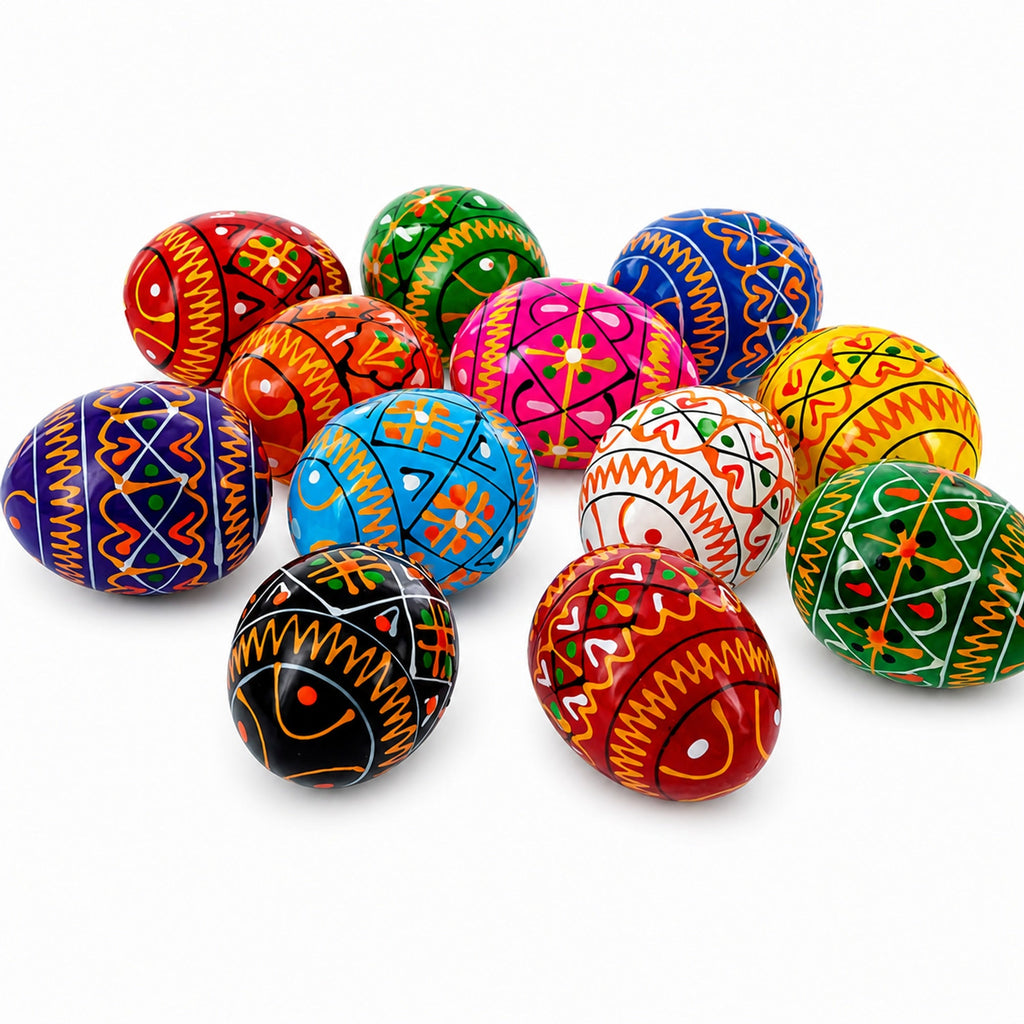 Set of 12 Mini Geometric Ukrainian Pysanky Wooden Easter Eggs 1.6 Inches