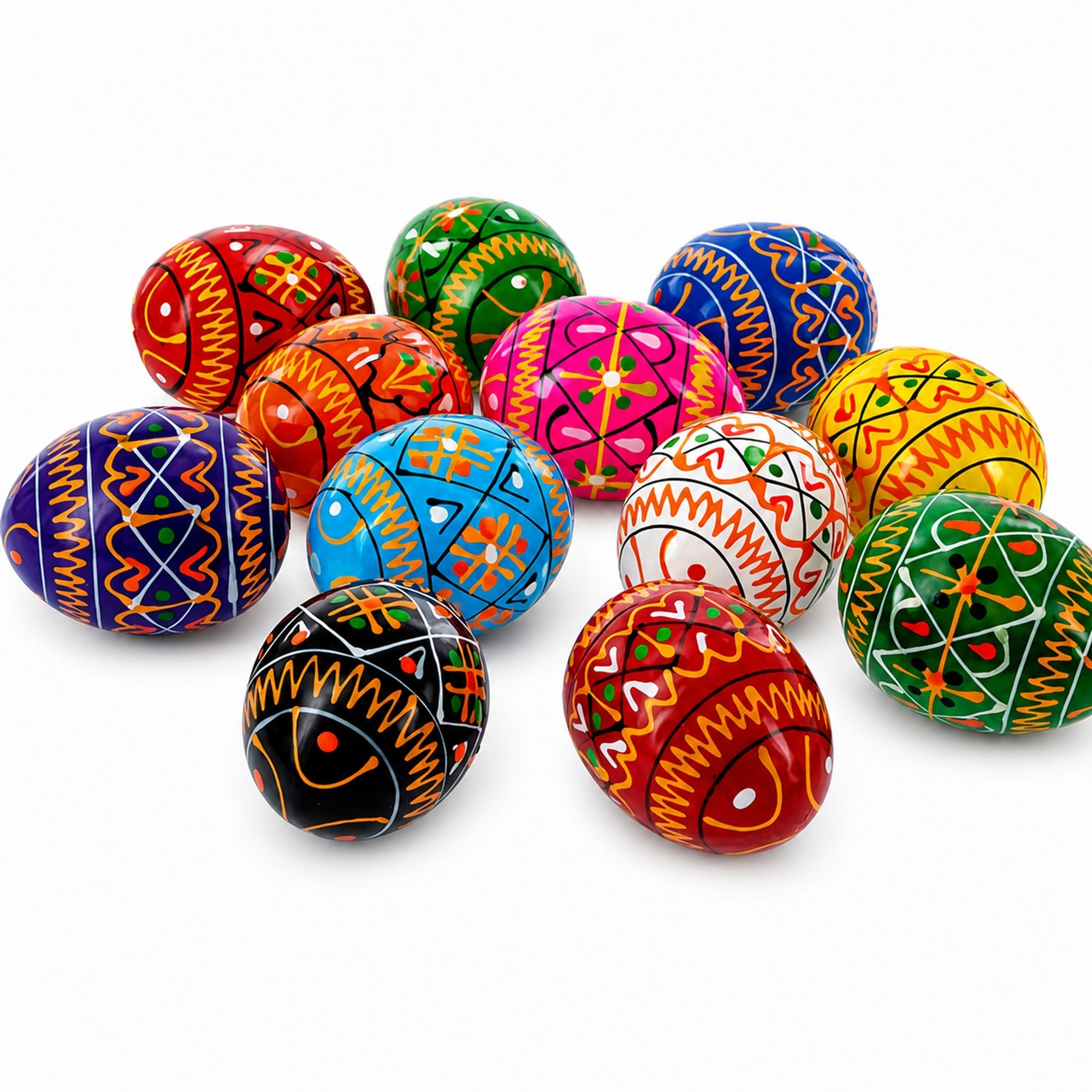 Set of 12 Mini Geometric Ukrainian Pysanky Wooden Easter Eggs 1.6 Inches